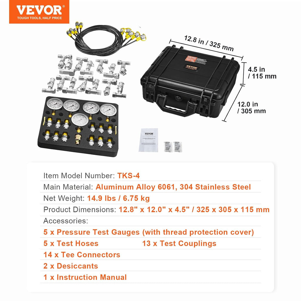 VEVOR Hydraulic Pressure Test Kit, 10/100/250/400/600bar, 5 Gauges 13 Test Couplings 14 Tee Connectors 5 Test Hoses, Hydraulic Gauge Kit with Sturdy Carrying Case, for Excavator Construction Machinery