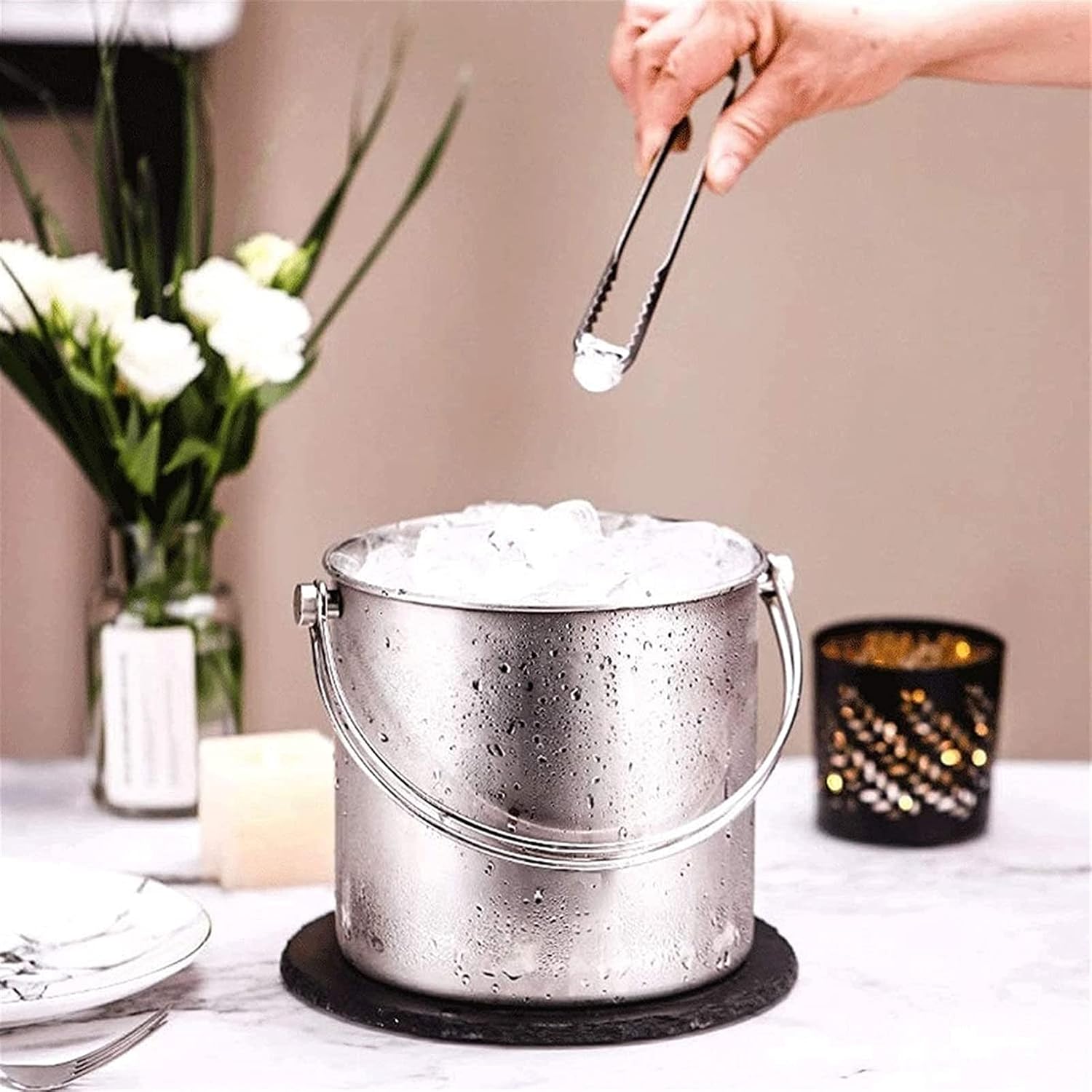BTZHY Ice Bucket,Wine Glass with Scoop Lid and Handle, Stainless Steel