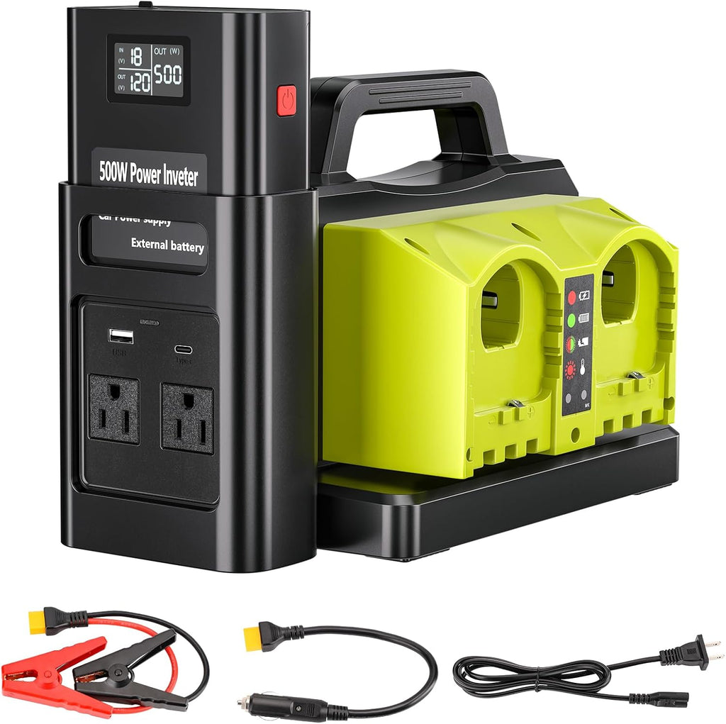 Adisipsoarin 500W Pure Sine Wave Power Inverter for Ryobi 18V Battery, 4-Ports DC 18V to AC(2 Outlets) 120V Car Charger Plug Inverter Adapter Converter for Camping, Travel, Emergencies(Tool Only)