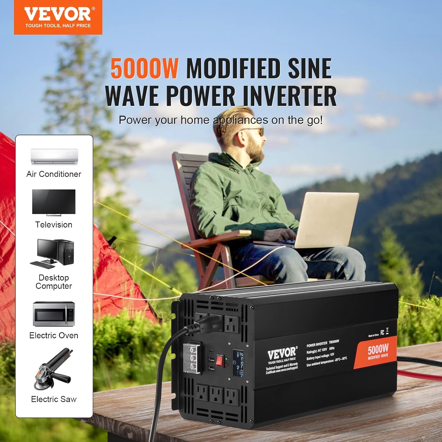 VEVOR Modified Sine Wave Inverter, 5000W, DC 12V to AC 120V Power Inverter with 6 AC Outlets 2 USB Port 1 Type-C Port, LCD Display and Remote Controller for High Load Home Appliances, CE FCC Certified