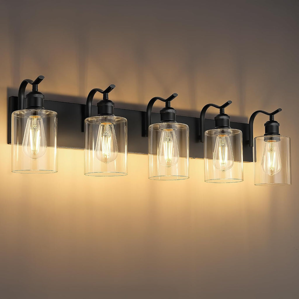 5 Light Bathroom Vanity Light, Black Light Fixture Morden Bathroom Lighting Fixtures Over Mirror Black Wall Sconces with Clear Glass Shade ZCVL01BK-5