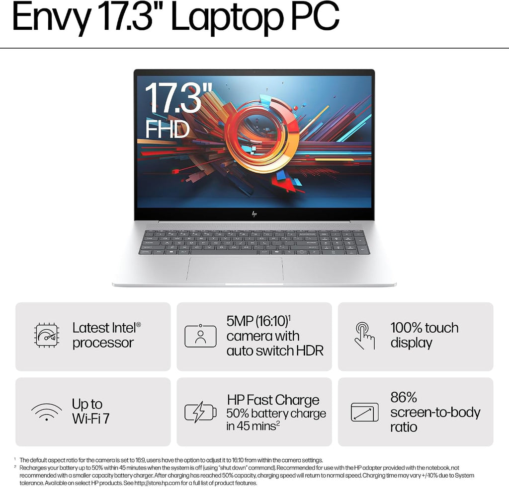 HP Envy Business Laptop Computer - 17.3' FHD Touchscreen Display | Intel Ultra 7 155H(Up to 4.8GHz) | Wi-Fi 7 | Copilot AI | Backlit Keyboard | Windows 11 Pro(32GB RAM, 1TB SSD)