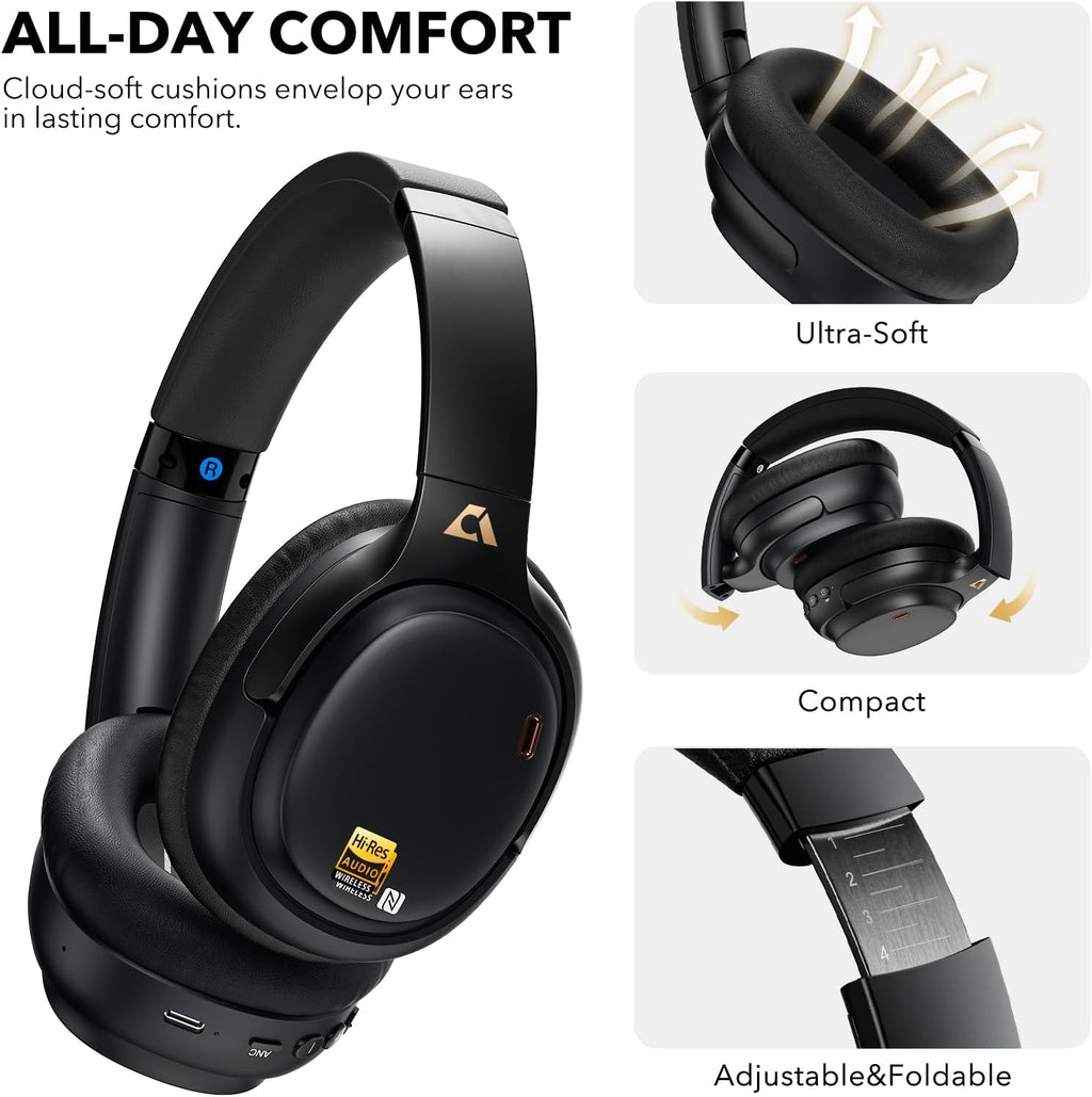 1Mii E700 Hybrid Active Noise Cancelling Headphones, Bluetooth Over Ear, Wireless Hi-Res Audio with LDAC & aptX Low Latency for Airplane Travel & Home TV, AI Translation & Custom EQ via APP, Black