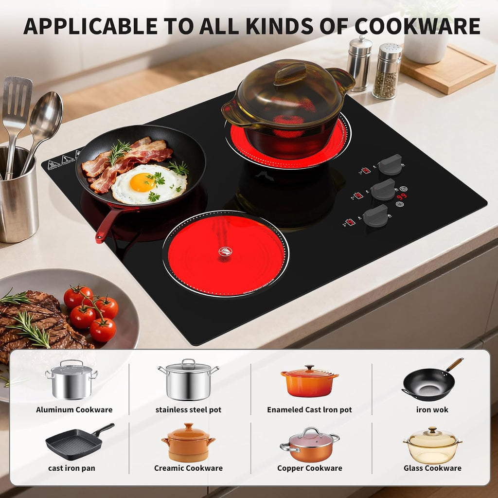 GIHETKUT Electric Cooktop, 220V 5000W Stove Top, 9 Power Levels, Kids Lock & Timer, Hot Surface Indicator, Overheat Protection,knob and touch control 3 Burner Electric cooktop