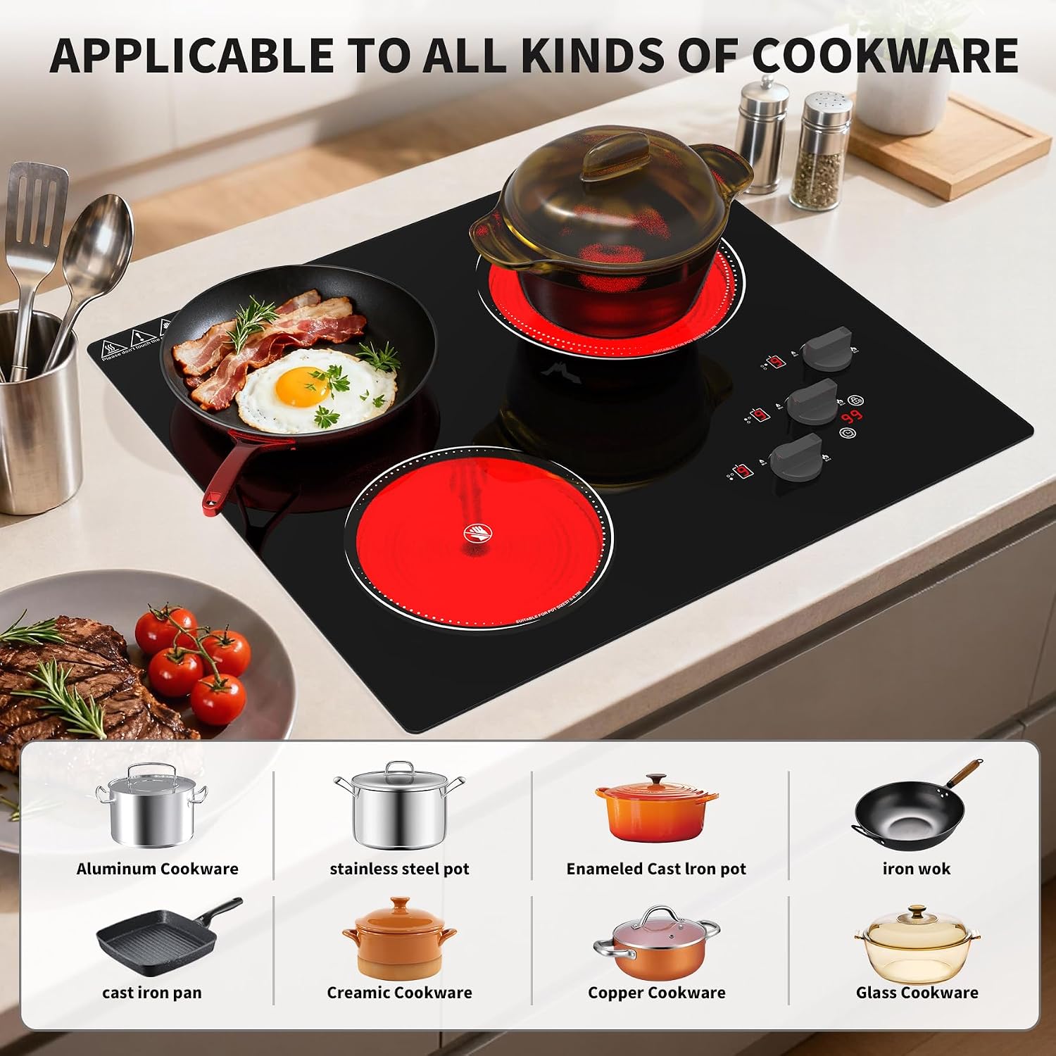 GIHETKUT Electric Cooktop, 220V 5000W Stove Top, 9 Power Levels, Kids Lock & Timer, Hot Surface Indicator, Overheat Protection,knob and touch control 3 Burner Electric cooktop