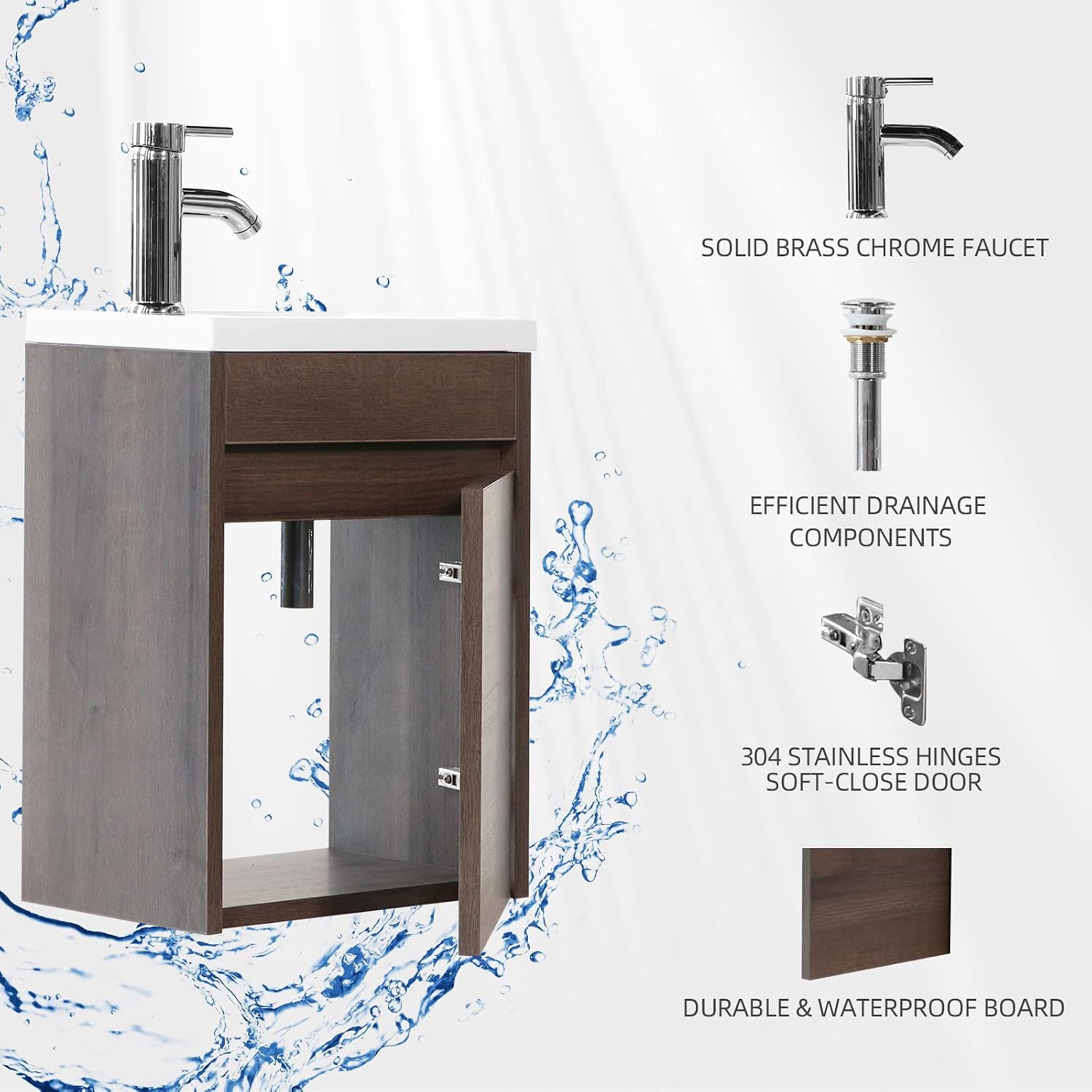 wonline 16' Bathroom Vanity Sink Combo for Small Space Wall Mounted Cabinet Set Design White Resin Basin Sink Top Chrome Faucet Wood Color