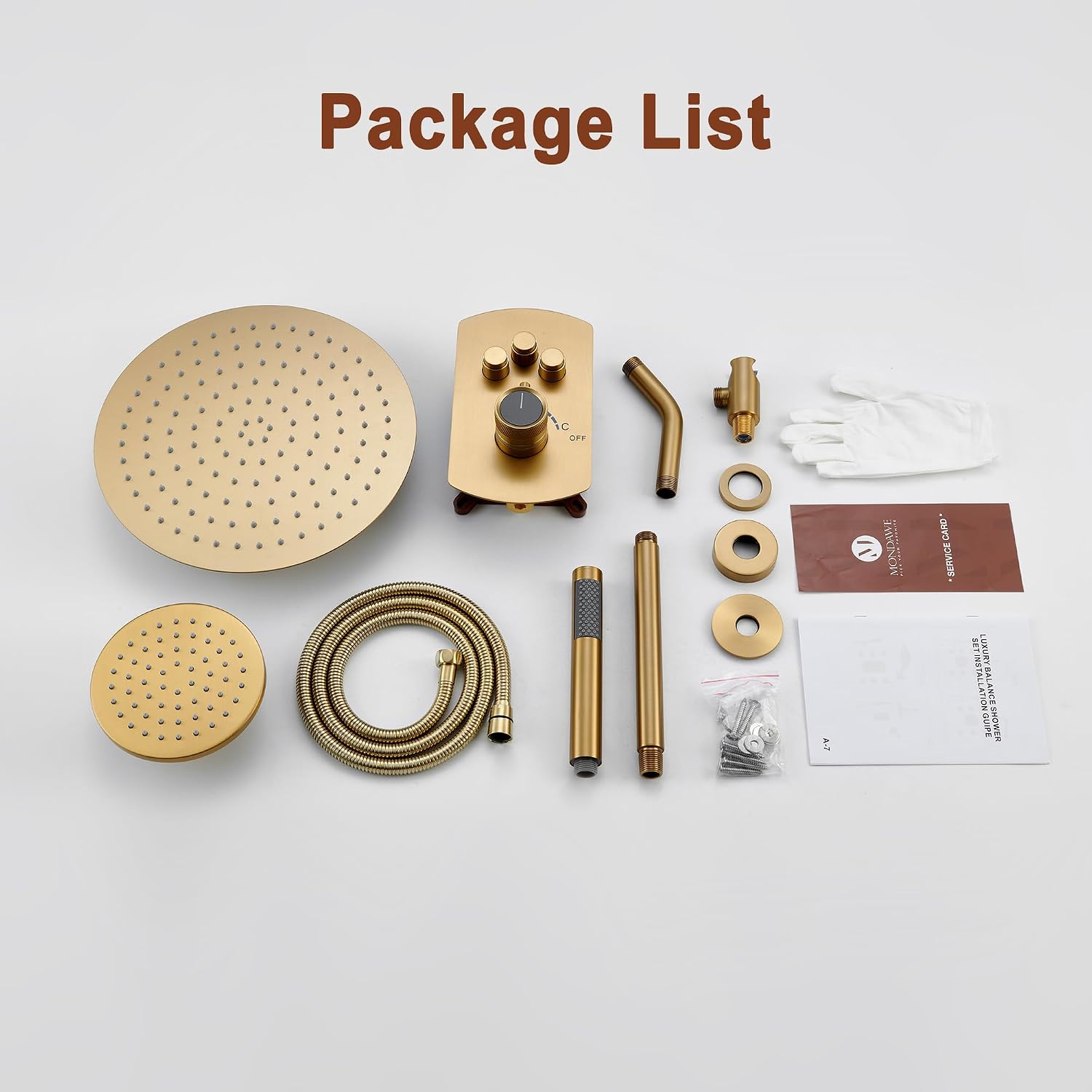 MONDAWE 12 Inch Ceiling Mounted Brushed Gold Shower System, 3-Functions Shower Faucet Set with Rainfall Dual Shower Head and High Pressure Handheld Spray, All Function Can be Used At the Same Time