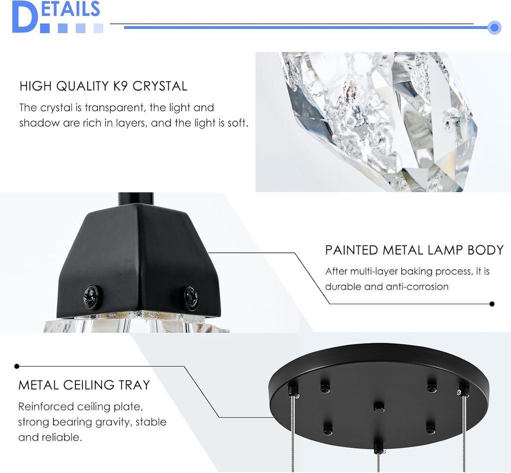 3 Lights Crystal Pendant Light Modern Cluster Chandelier Dimmable Pendant Light Fixture with Black Teardrop Design Stylish Lighting for Kitchen Island, Dining Room, Hallway, Bathroom