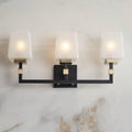 Possini Euro Design Beauregard Modern Industrial Wall Light Black Gold Metal Hardwired 21 3/4' Wide 3-Light Fixture Mounted Square Linen Glass Shade for Bathroom Vanity Mirror House Home Room Decor