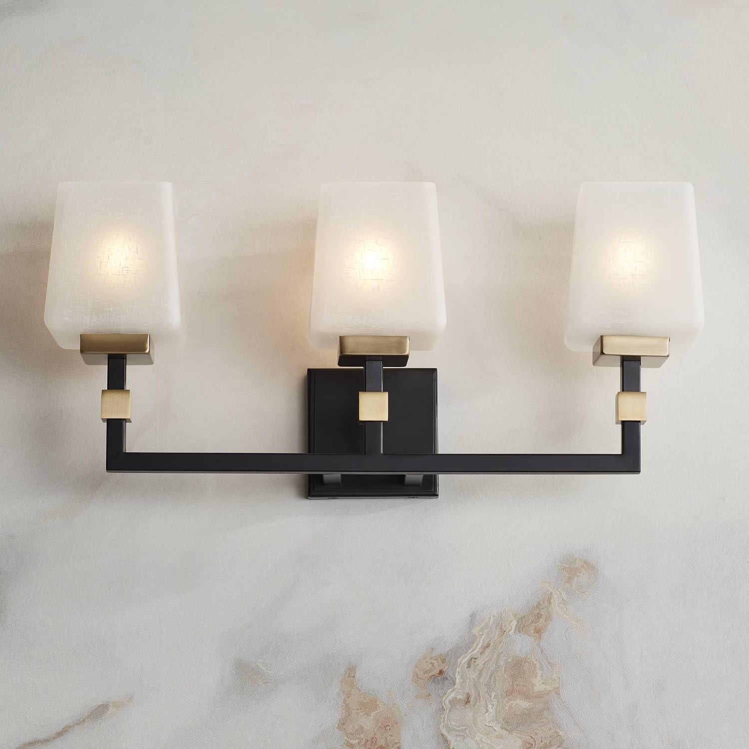 Possini Euro Design Beauregard Modern Industrial Wall Light Black Gold Metal Hardwired 21 3/4' Wide 3-Light Fixture Mounted Square Linen Glass Shade for Bathroom Vanity Mirror House Home Room Decor