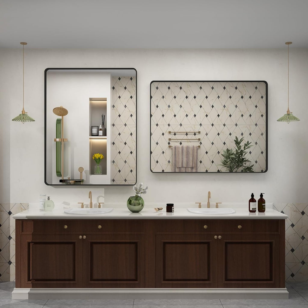 2 Pack of 24x36 Inch Black Metal Framed Bathrrom Mirror, Black Matte Rounded Rectangle Bathroom Vanity Mirror, Anti-Rust, Hangs Horizontally or Vertically