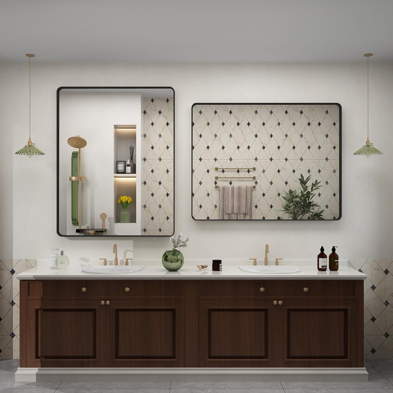 2 Pack of 24x36 Inch Black Metal Framed Bathrrom Mirror, Black Matte Rounded Rectangle Bathroom Vanity Mirror, Anti-Rust, Hangs Horizontally or Vertically