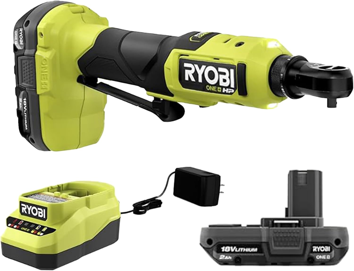 Ryobi One+ HP 18V 1/4' Brushless Cordless Compact Electric Ratchet Kit with 2.0Ah Lithium Battery and Charger, 4-Position Rotating Head, and Up to 460 RPM | PSBRC02K1