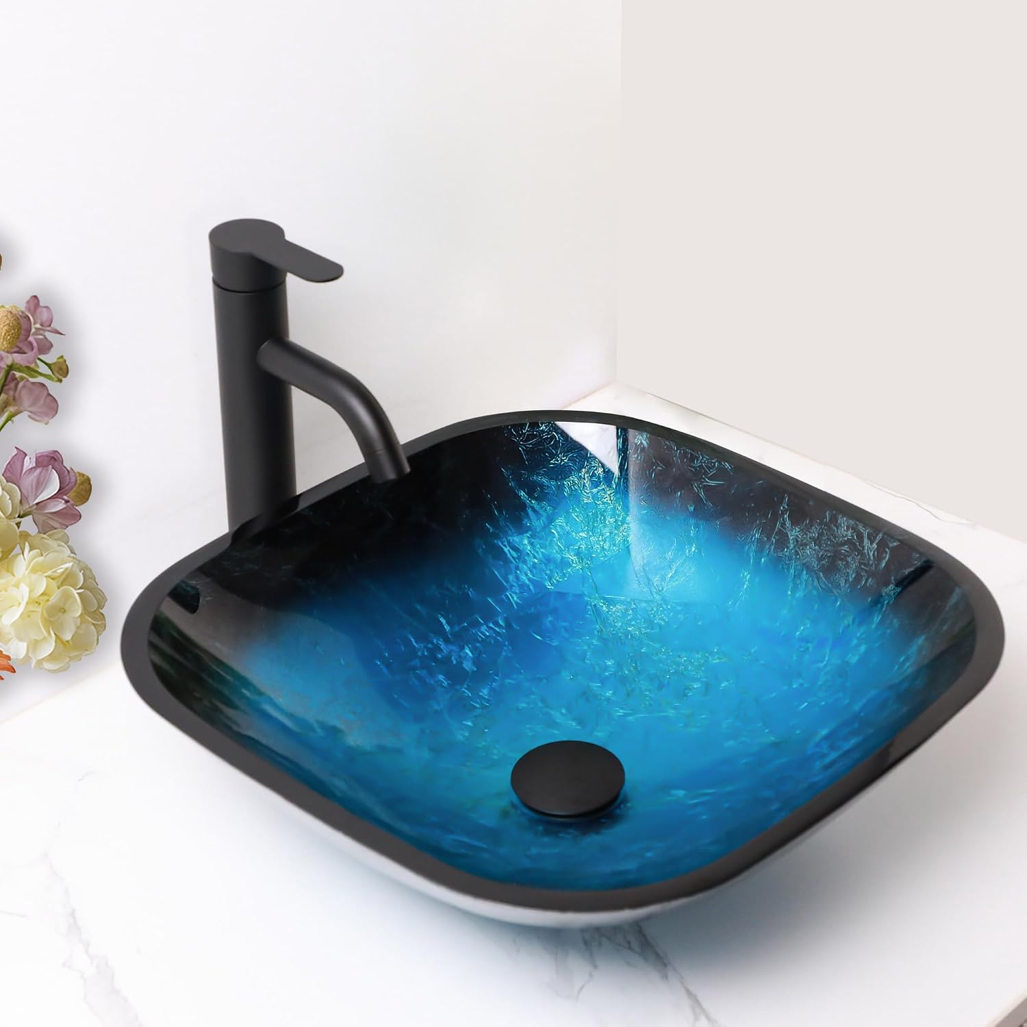 Sarlai Bathroom Vessel Sink Tempered Glass Bowl Square Vessel Sink with Faucet and Pop-up Drain Combo 16-3/4 x 16-3/4 Inch Matte Black Countertop Bathroom Sink Basin