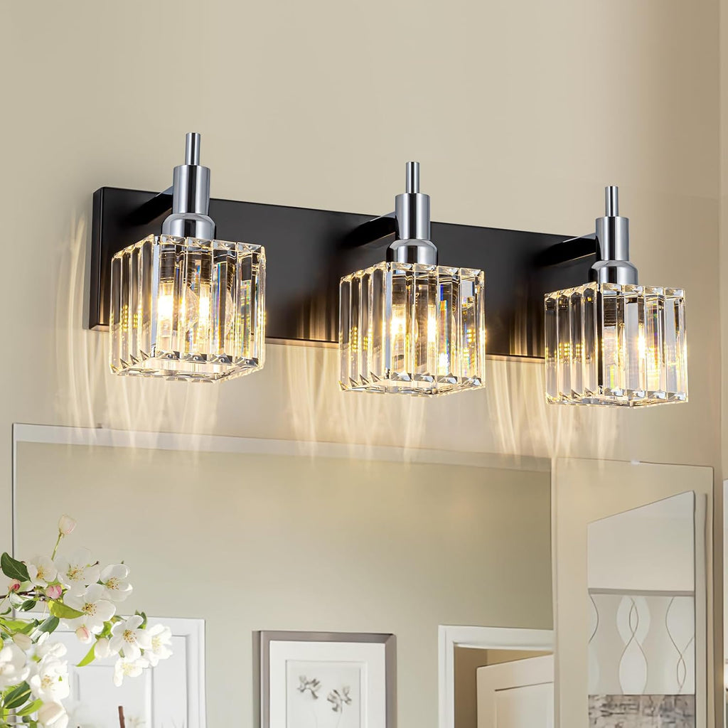 Chrome Bathroom Vanity Lights, Modern 3 Lights Crystal Bathroom Lighting Fixtures Over Mirror Black Chrome Wall Light with Square Shade