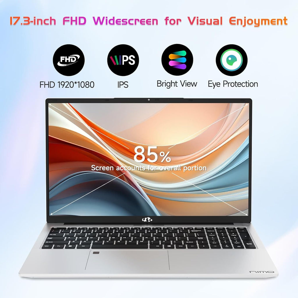 NIMO 17.3' IPS FHD-Student-Laptop, Intel 6 Cores i3-1215U 64GB RAM 1TB SSD (Beat 5 7520U, Up to 4.4GHz) Computer with 65W Type C Fingerprint Backlit Keyboard Wi-Fi 6 BT5.2, for Home and Business