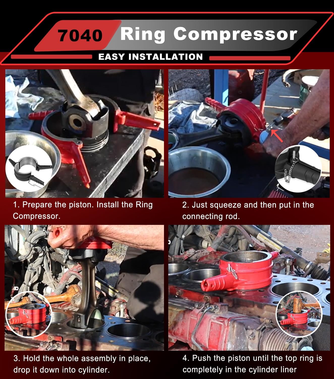 7040 Piston Ring Compressor Tool, Piston Ring Compressor Adapter & Anti-Polishing Ring Kit For Cummins ISX QSX 15, Caterpillar 3400, 3406, 3408, C15, 5.4' bore Replace# PT-7040 5299339 5394454