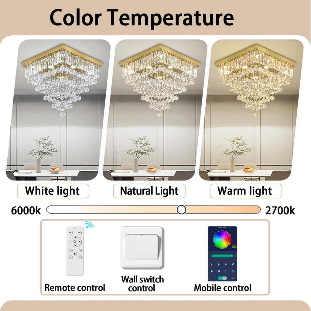 Modern Gold Square Crystal Flush Mount Ceiling Light 20' 6 Lights Luxury K9 Crystal Chandelier Lighting Fixture for Living Room Dining Room Bedroom Kitchen Entryway Hallway Foyer