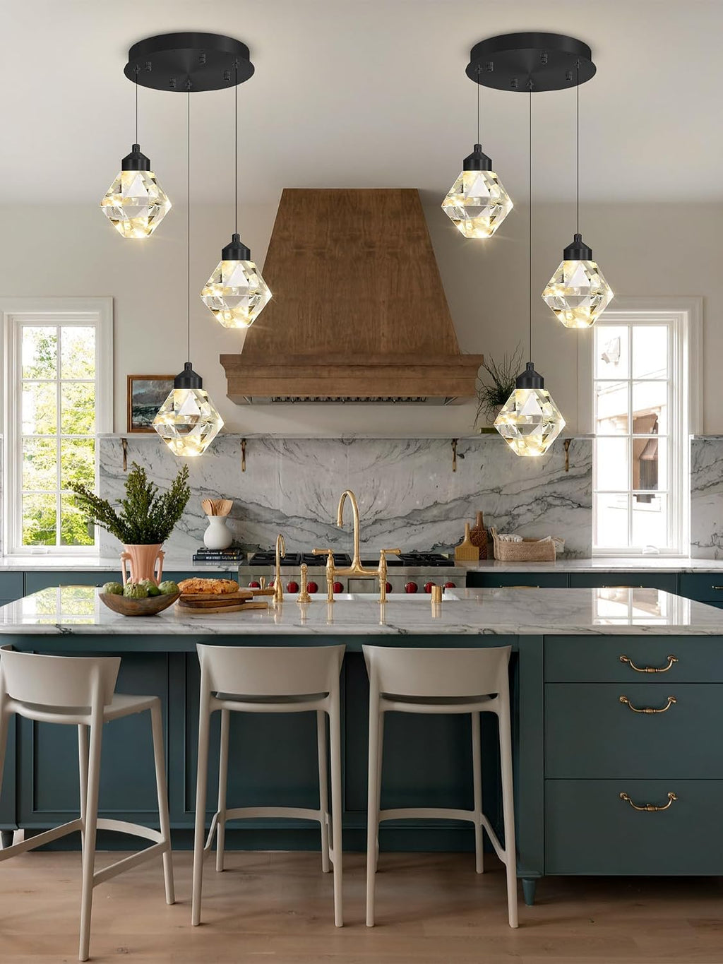 3-Lights Kitchen Island Pendant Lights Black Mini Chandeliers for Dining Room Crystal Pendant Lighting Ceiling Lights for Hallway Foyer Living Room