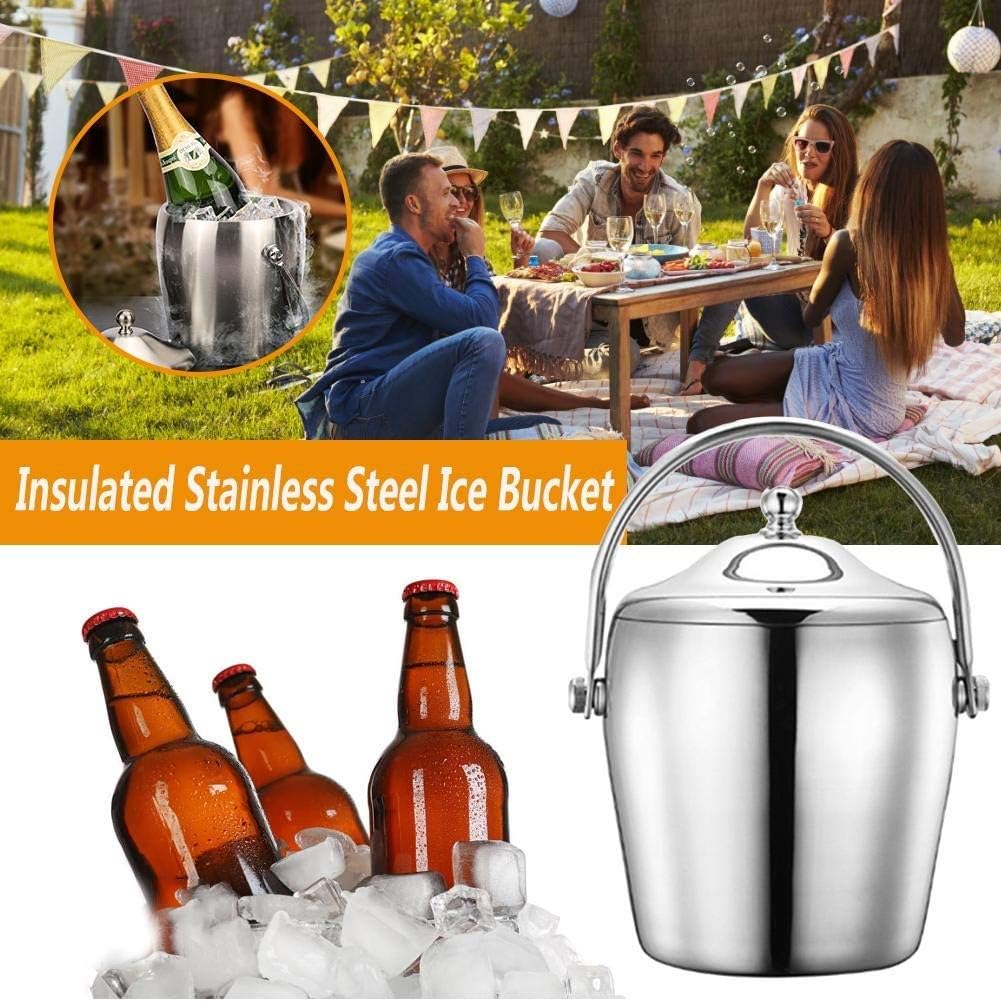1.2/2L Stainless Steel Ice Bucket Portable 6-Hour Double-Layer Insulated Freezer with Lid for Parties Barbecues Buffets