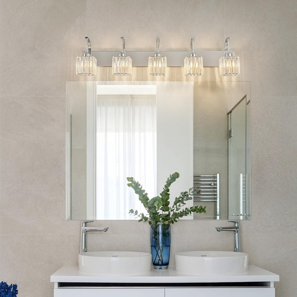 Crystal Vanity Lights 5-Light Chrome Bathroom Vanity Lights Modern Crystal Bathroom Light Fixtures Over Mirror 42.51' Long Vanity Light for Bathroom