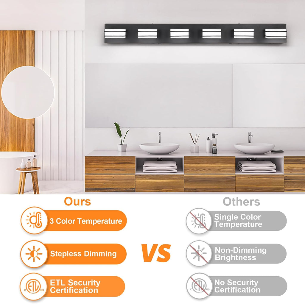 GOODATE 3 Color Temperature Dimmable Vanity Lights for Bathroom, Black 6 Light Vanity Light Fixtures, Acrylic Stainless Steel Square Shade Light Fixtures for Bathroom Above Mirror, ETL Certificated