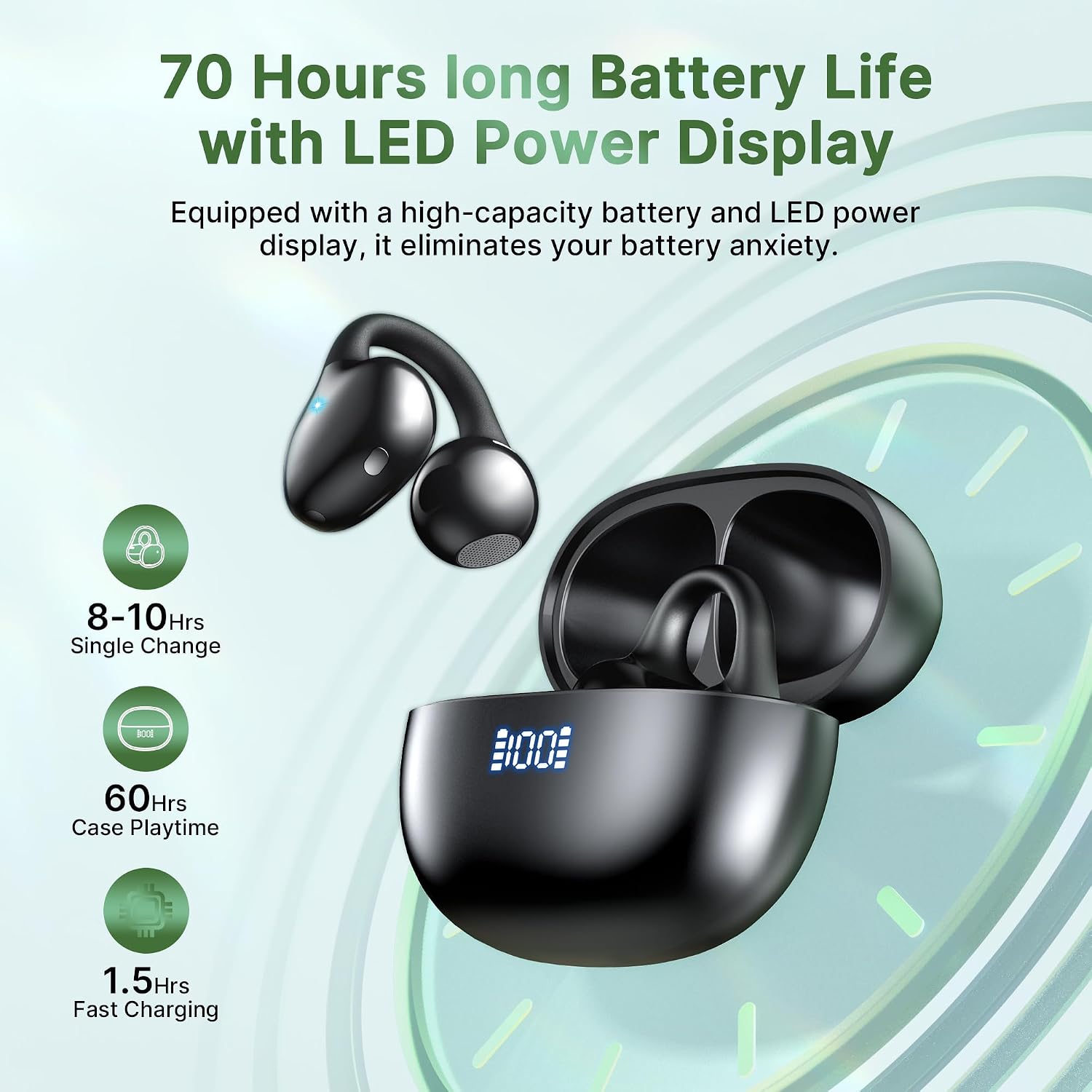 Open Ear Earbuds, Wireless Earbuds, Bluetooth 5.4 Headphones with ENC Clear Call, 60H Playtime, IPX7 Waterproof, Lightweight Comfort, Clip On Earbuds for Workout/Running, Black