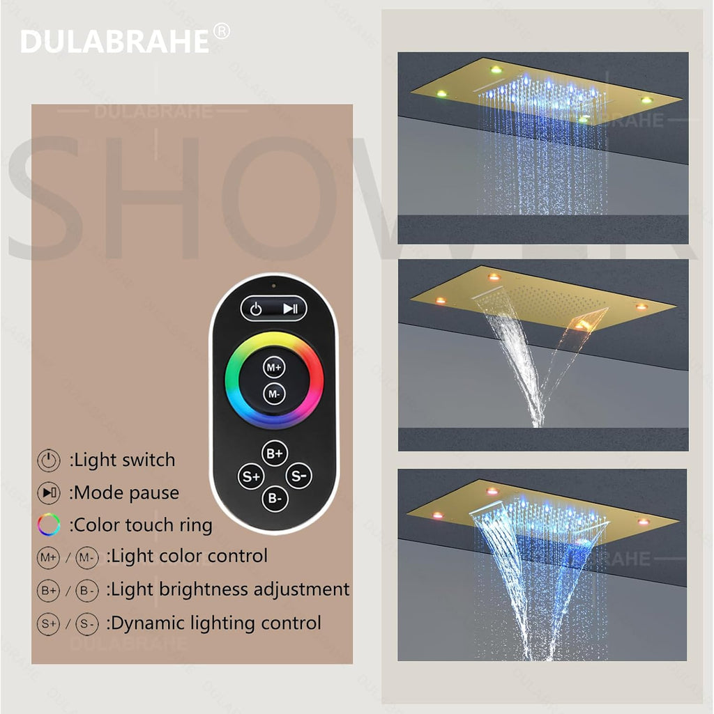 Brushed Gold LED Ceiling Rain Shower Head 14X20 Inch Bathroom Rectangle Embedded Type With Smart LED Lights Control (Waterfall And Rain Shower Head)