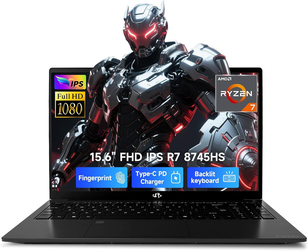 NIMO 15.6' IPS FHD-Gaming-Laptop, 8 Cores AMD Ryzen 7 8745HS 32GB DDR5 RAM 1TB SSD (up to 4.9GHz Beat R9 7940HS) Radeon 780M-Graphics, 100W Type-C Backlit Keyboard Fingerprint for Creators
