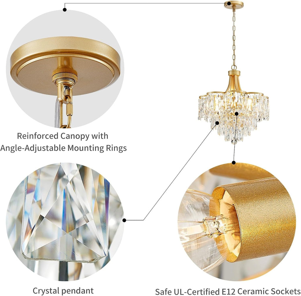 WUZUPS Crystal Chandelier Pendant Ceiling Light Modern Lighting Fixture for Bedroom Hallway Entry Kitchen Bathroom, H 21.1' x W 19.3', E12 Base, Gold