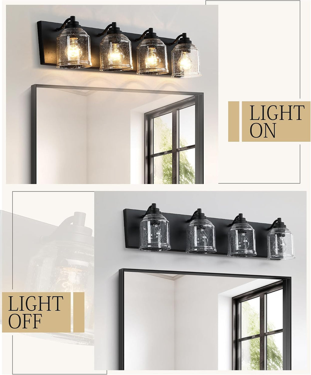Vanity Lights for Bathroom Large 31.5', Farmhouse Rustic Vanity Light with Bubble Glass Shades, Black 4 Light Bathroom Lighting Fixtures Over Mirror, Bath Wall Sconce Home Decor