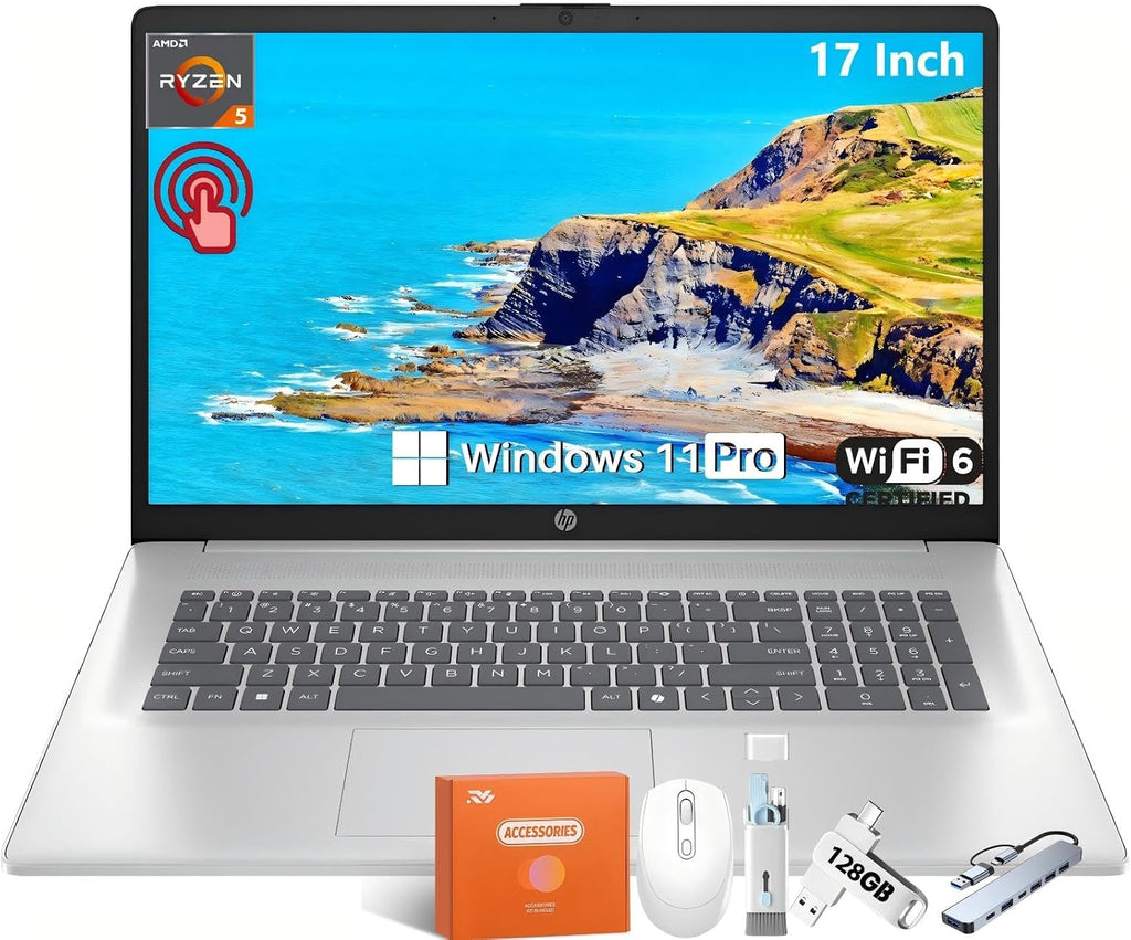 HP 17 Laptop Computer, 17.3' HD+ Touchscreen (1600x900), AMD Ryzen 5 7430U (6-Core), 64 GB RAM, 2 TB SSD, AMD Radeon Graphics, Wi-Fi 6, Bluetooth 5.4, HD Webcam, Fast Charge, Copilot Key, Win 11 Pro