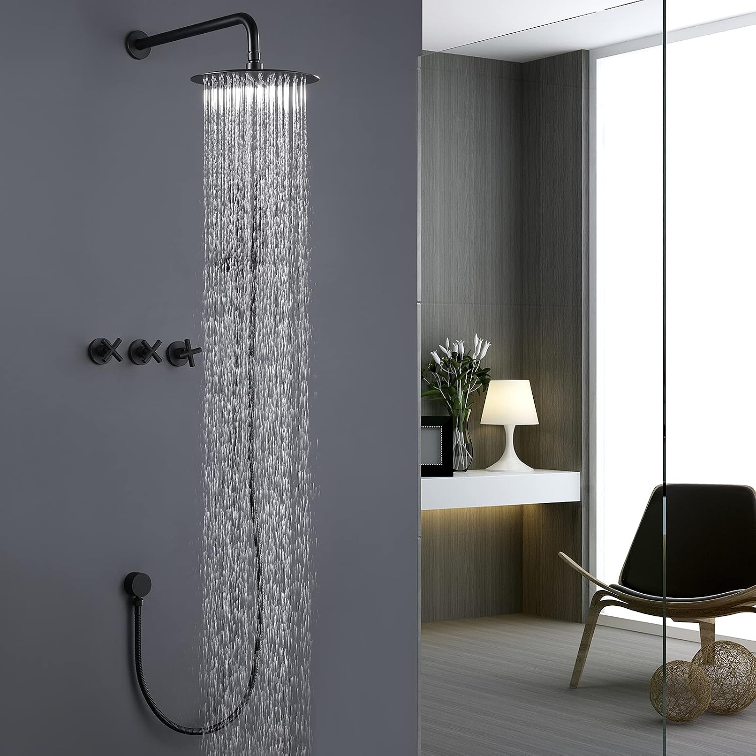 RBROHANT Black Shower Faucet Set Brass Shower System, 10 Inch High Pressure Round Rain Shower Head with Handheld Spray, Wall Mounted, Rough-in Valve Included, Matte Black, RCS81010MB