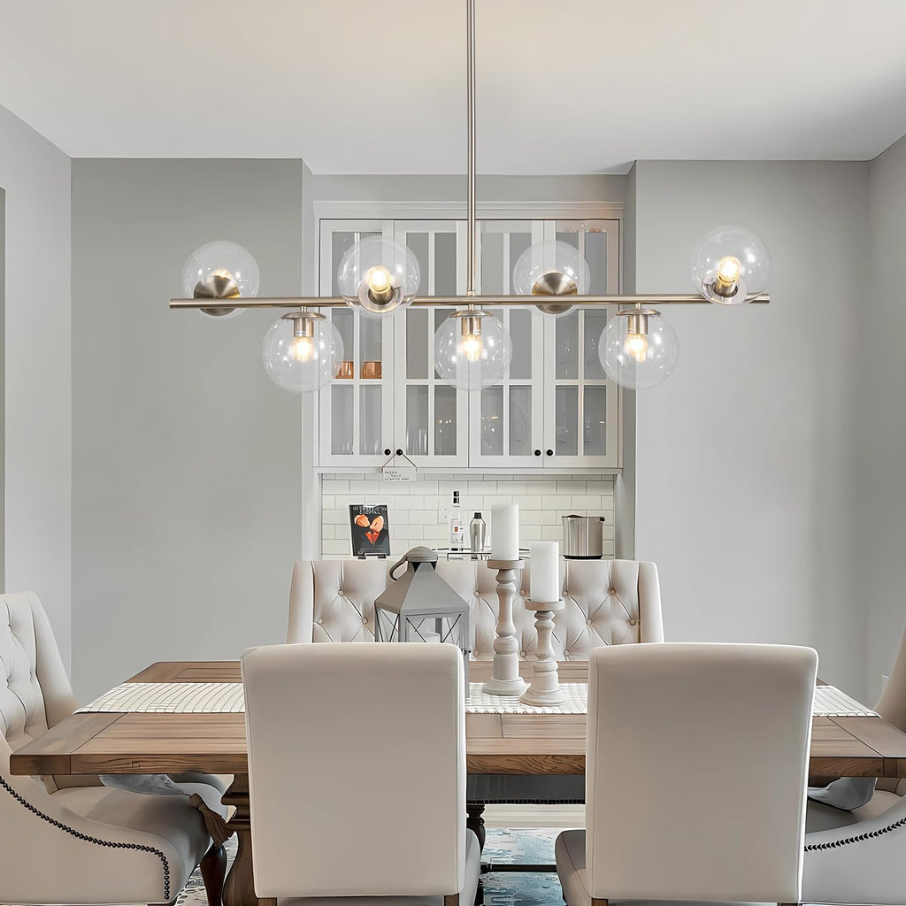 KCO Lighting Modern 7-Light Brushed Nickel Metal Large Chandelier Nordic Clear Glass Globe Farmhouse Pendant Light Silver Minimalist Adjustable Kitchen Island Hanging Ceiling Lights