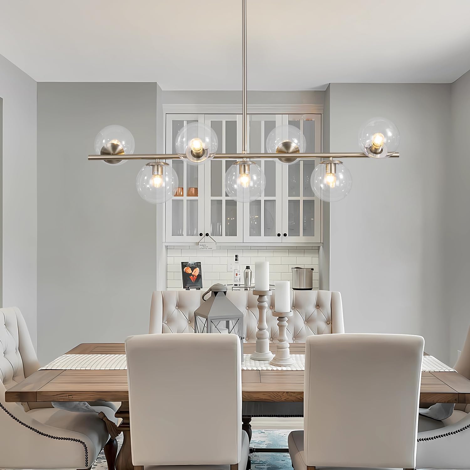 KCO Lighting Modern 7-Light Brushed Nickel Metal Large Chandelier Nordic Clear Glass Globe Farmhouse Pendant Light Silver Minimalist Adjustable Kitchen Island Hanging Ceiling Lights
