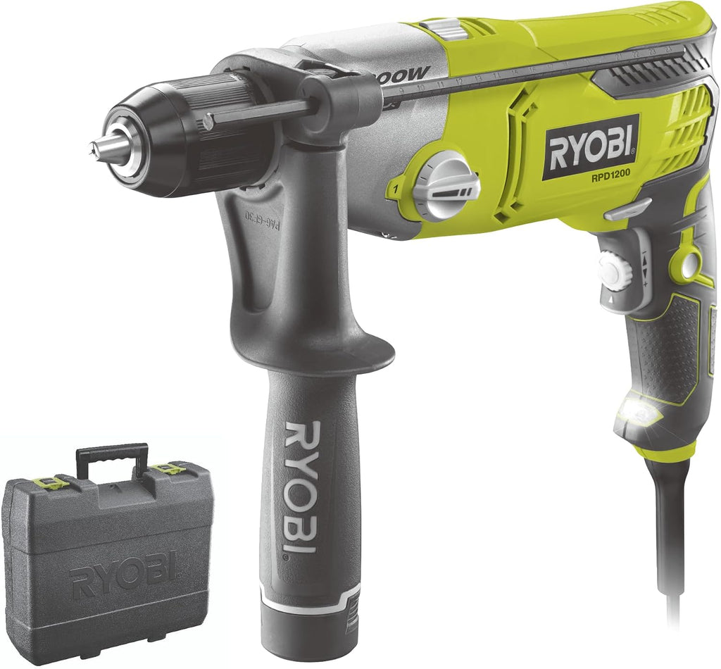 RYOBI - 220 V 1200 W - 2 Speeds - Rotary Inverter - Chuck 13 mm Self-Tightening - Depth Stop - LED - Auxiliary Handle with Storage Drill Bits - RPD1200-K
