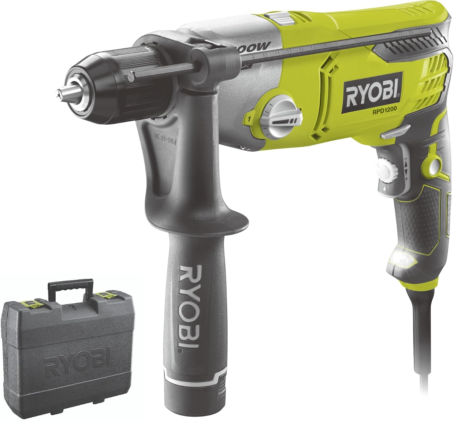 RYOBI - 220 V 1200 W - 2 Speeds - Rotary Inverter - Chuck 13 mm Self-Tightening - Depth Stop - LED - Auxiliary Handle with Storage Drill Bits - RPD1200-K