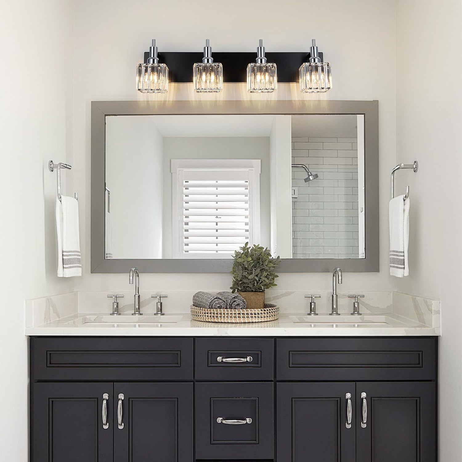 Black Chrome Bathroom Vanity Lights, Modern 4 Lights Crystal Bathroom Lighting Fixtures Over Mirror Crystal Wall Light with Square Shade
