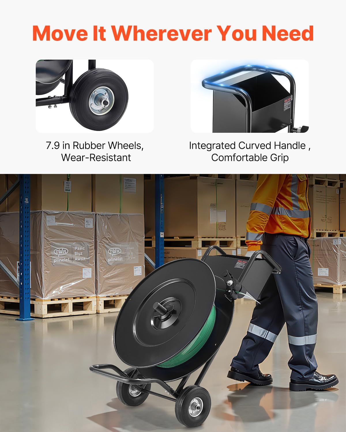 VEVOR Banding Strapping Cart, for PET/PP Coils with 8' or 16' Core, Heavy Duty Strapping Dispenser with Upgrade Drum Brake System, Rubber Wheels and Built-in Spacious Tool Tray, 110 lbs Capacity