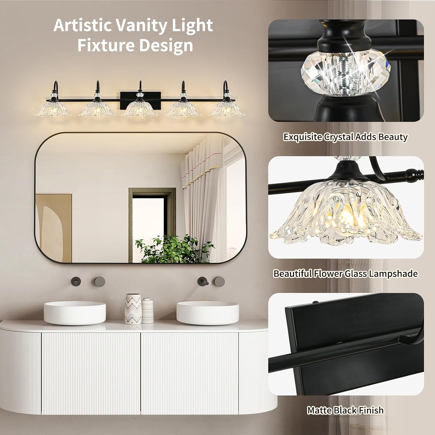 Black Bathroom Vanity Light, 5-Light Vanity Light with Crystal Glass Shades, Vintage Farmhouse Vanity Lighting for Bathroom and Dressing Table