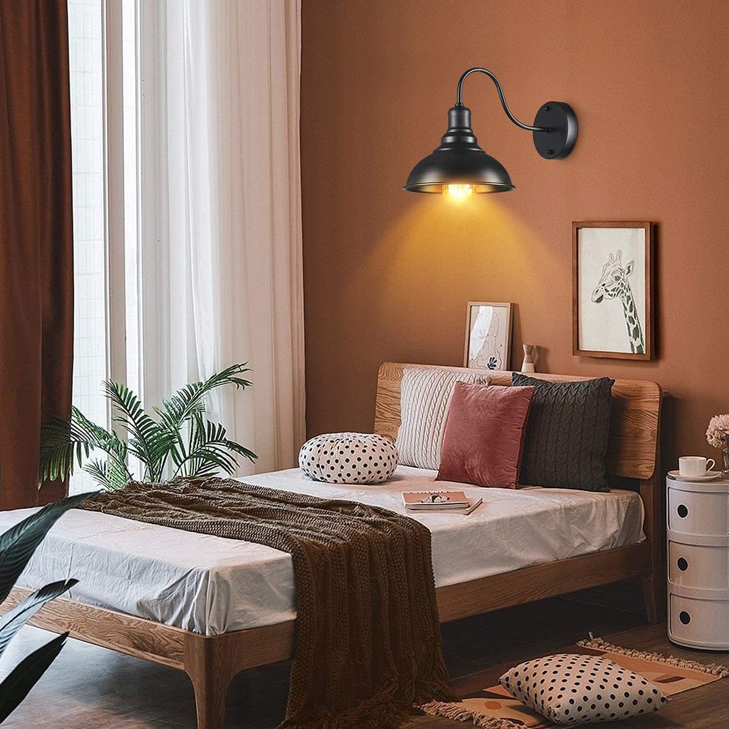 E27 Gooseneck Industrial Wall Sconce Matte Black Vintage Light Fixture High Transmission Wrought Iron Lamp Farmhouse Metal Lantern for Indoor Bedroom Bathroom