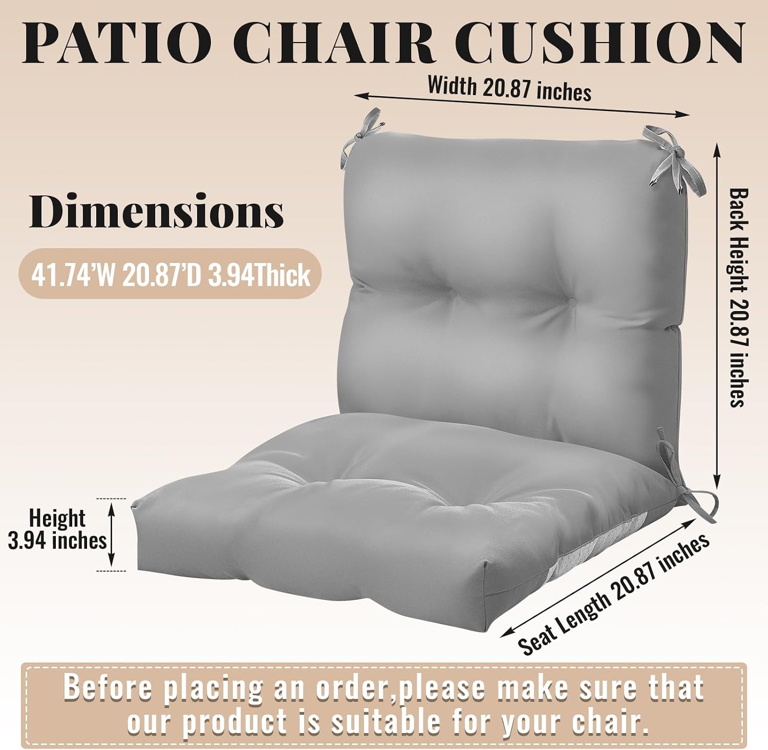 Geetery Outdoor Chair Cushions Set of 4 High Back Patio Furniture Replacement Seat Pads with Ties 42x21x4' for Lawn Porch Wicker Rocking Dining Chairs Weather Resistant Fade Resistant(Light Grey)