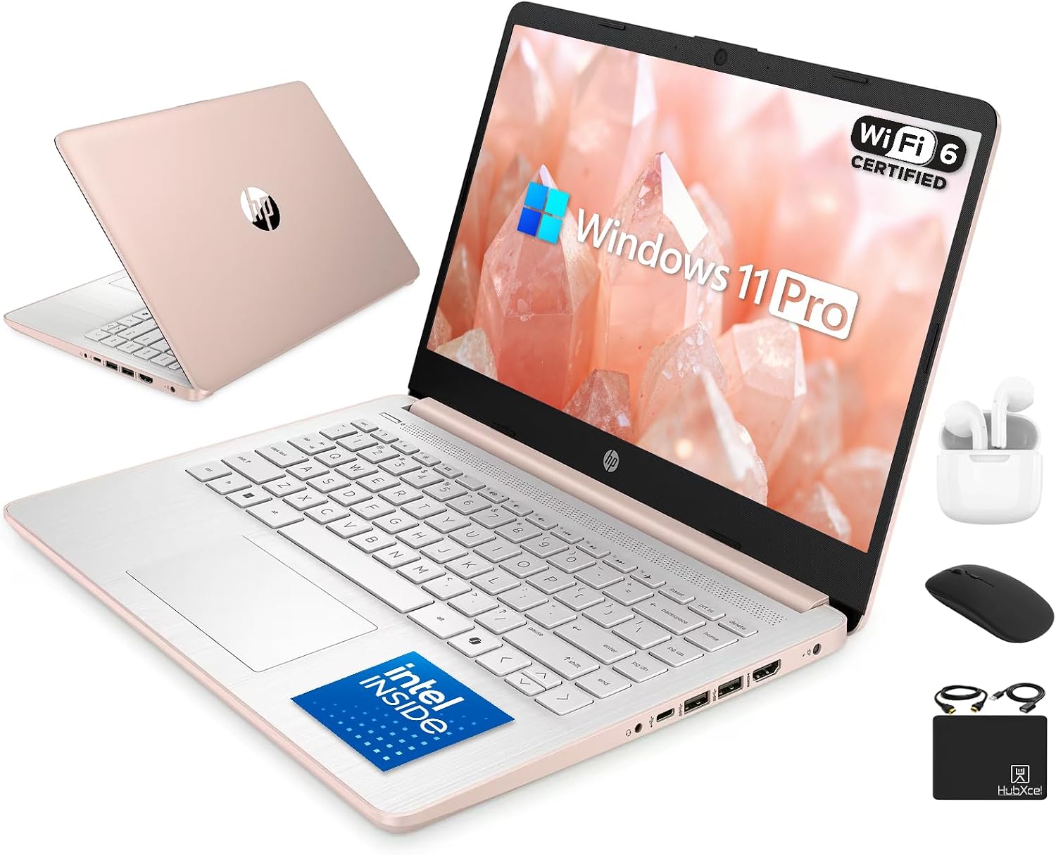 HP Flagship 14' Laptop Computer for 2026 Student Business, Win 11 Pro, Copilot AI, Intel CPU Up to 2.8GHz, 8GB RAM, 628GB Storage (128GB SSD+500GB Ext), Wi-Fi 6, HubxcelAccessory, MS Office, Rose Gold