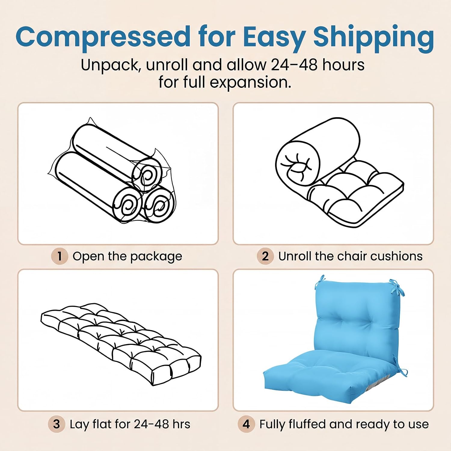 Geetery Outdoor Chair Cushions Set of 4 High Back Patio Furniture Replacement Seat Pads with Ties 42x21x4' for Lawn Porch Wicker Rocking Dining Chairs Weather Resistant Fade Resistant (Lake Blue)