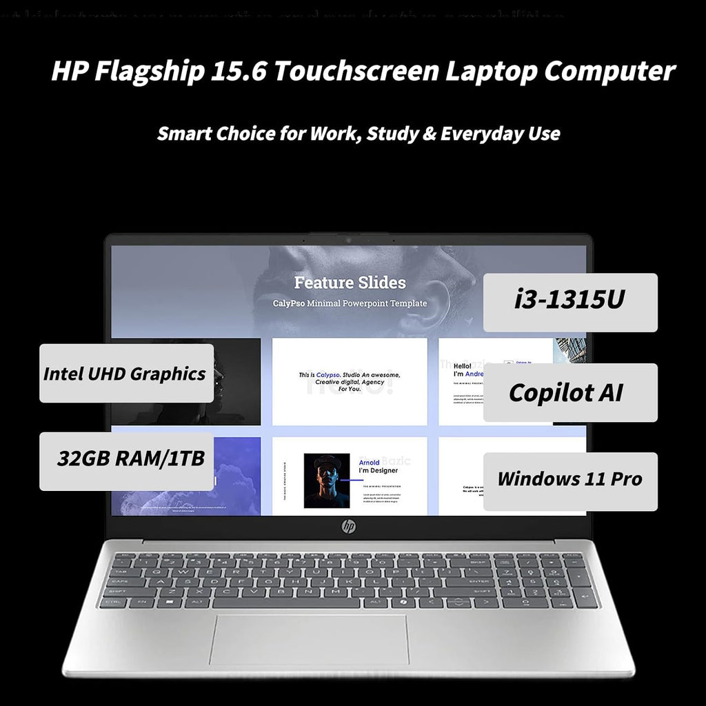 HP Flagship Touchscreen Laptop Computer - 15.6' HD Display, Intel 13th Core i3-1315U CPU, Up to 4.5GHz, Intel UHD Graphics, AI Copilot, Wifi6, Win11 Pro for Business & Student(32GB RAM, 1TB SSD)