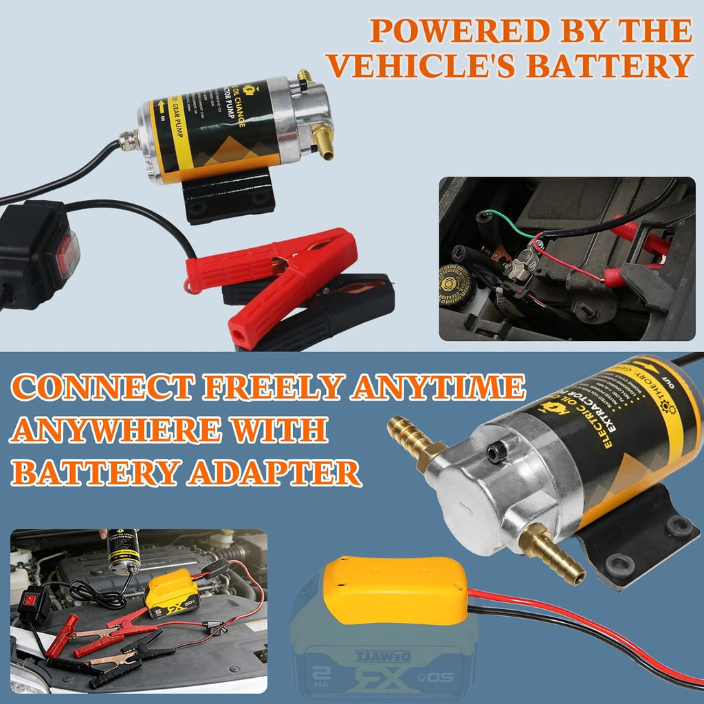 12V/24V 100W Oil Change Pump Set, Fast 1-4L/min Flow Oil Transfer Pump with Yellow Battery Adapter Compatible with DEWALT 20V/18V Battery, Fluid Transfer for Trucks, Boats, Lawnmowers
