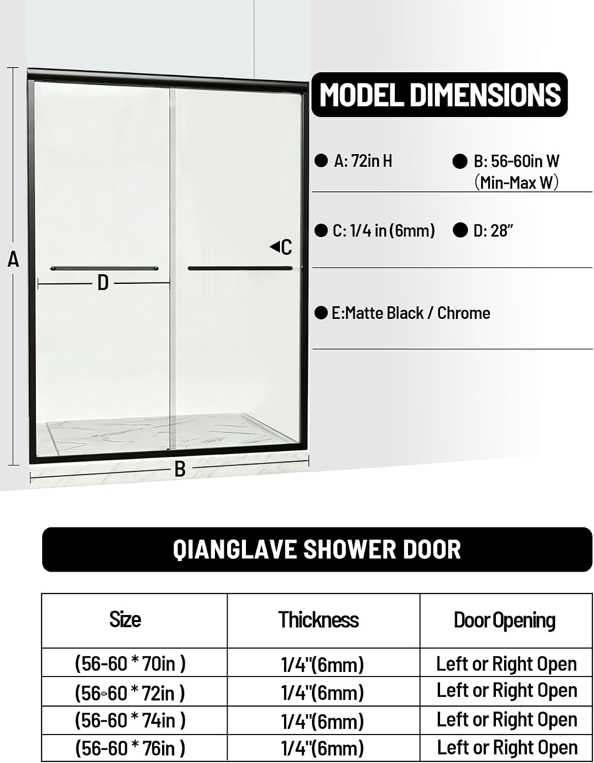Glass Shower Doors, 56' - 60' W x 72' H Double Sliding Shower Door, Aluminum Semi-Frameless & 1/4'(6mm) Clear Tempered Glass Bypass Shower Door for Walk in Shower, Matte Black