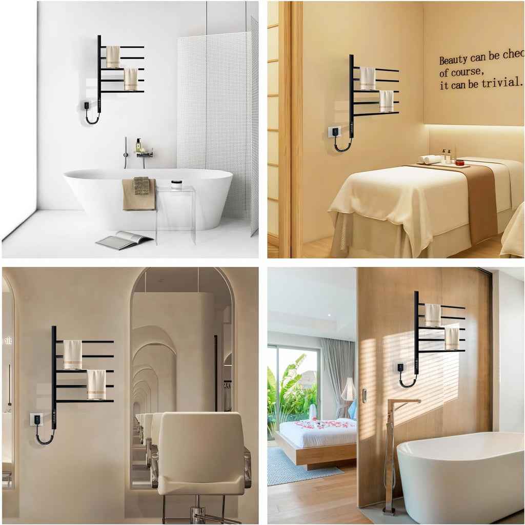 180°Rotation Electric Heated Towel Rack Wall Mounted Towel Warmer Racks 5 Bars Hardwired & Plug-in Hot Towel Rack with 1H-9H Timer for Home Bathroom Salons and Spas (Black)