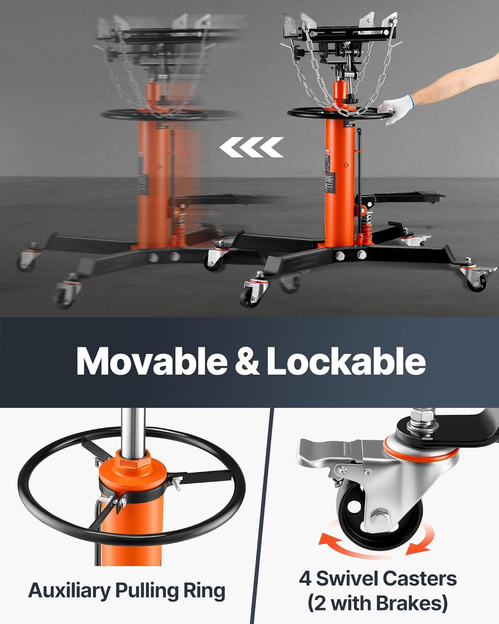VEVOR Transmission Jack,1/2Ton/1100lbs Capacity Hydraulic Telescopic Transmission Jack, 2-Stage with Foot Pedal, 360° Swivel Wheel, Garage/Shop Lift Hoist, Orange