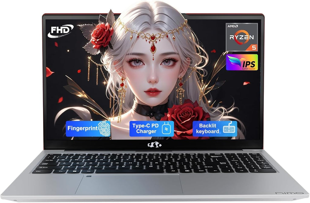 NIMO 15.6'' IPS FHD-Laptop, 8GB RAM 256GB SSD AMD Ryzen 5(Beat i5-1135G7, 4 Cores Up to 3.7GHz) Student Computer with 2 Years Warranty, 65W Type-C, Fingerprint, Backlit Keyboard, BT5.2, Numpad
